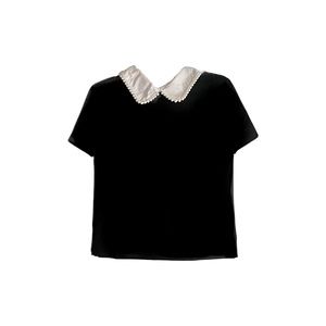 Women’s Medium Size Black Shirt with white faux Pearl collar